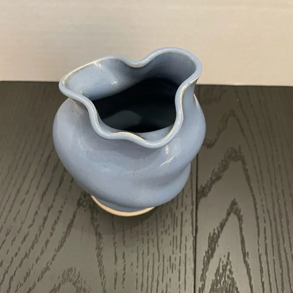Light Blue Twisted Ceramic‎ Small Vase and A Cream-Colored Base Signed Leftwich